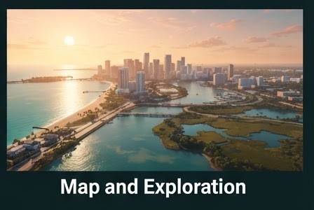 Stylized aerial illustration of a coastal Florida-inspired city