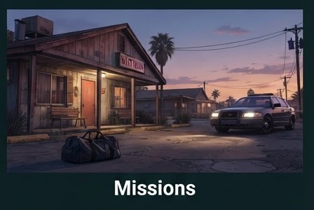 Stylized illustration of a Vice City safehouse at dusk