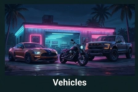 Stylized illustration of Vice City vehicles at night