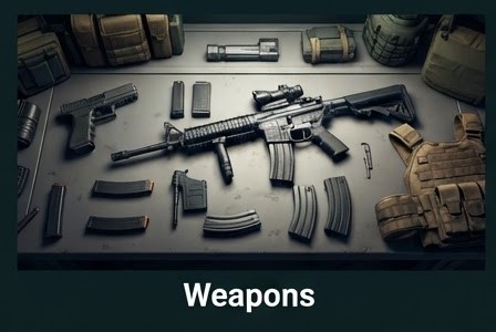 Stylized illustration of weapons and gear
